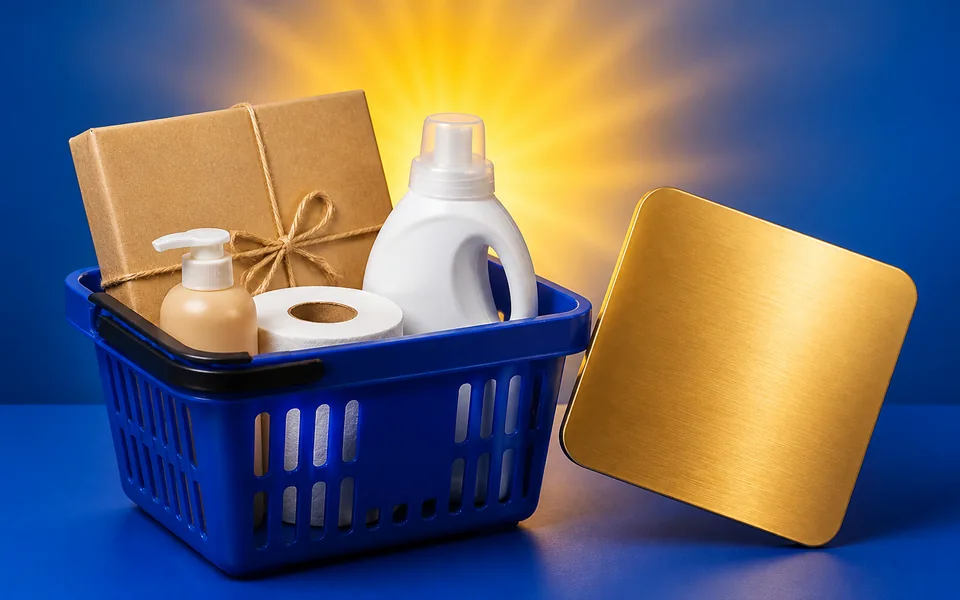 Blue and yellow shopping setting for the Walmart gift card